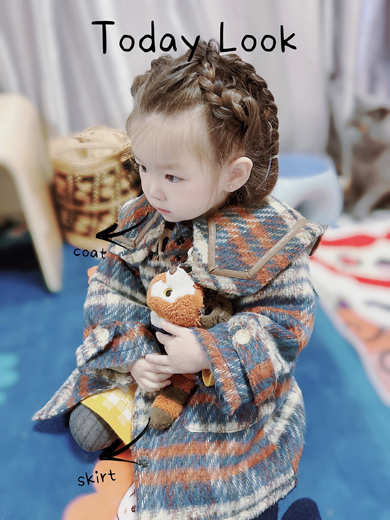 2 Color Horn Buckle Plaid Big Coat