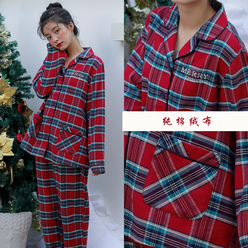 Bộ đồ đôi lưới màu đỏ lễ hội mùa thu và mùa đông bằng vải nhung cho bé trai và bé gái bộ cotton đẹp mặc nhà