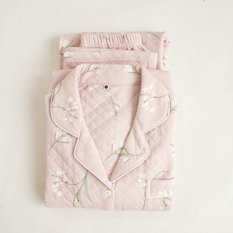 Autumn and Winter Classy Elegant Floral Cotton Quilted Air Cotton Women's Pajamas Long-Sleeved Spring & Fall Cardigan Home Wear Set