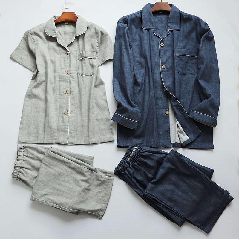 Bộ đồ ngủ cotton nam mùa xuân và mùa thu không in đôi nam nữ tay dài mùa hè mỏng phần tay ngắn sợi cotton dịch vụ nhà kích thước lớn đồ ngủ nữ
