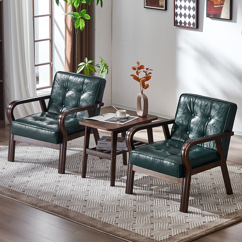 Small Apartment Nordic Retro Simple Solid Wood Chair Single, Double, or Triple Simple Living Room Combination Leather Art Sofa Sofa Chair