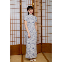 Jasmine cheongsam spring and summer new products short sleeve full open long retro daily printing flax old cheongsam White fragrance