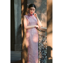 Jasmine cheongsam autumn sleeveless double-strip long retro Literature and Art Daily solid color linen cheongsam one curtain dream