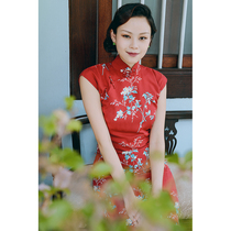 Jasmine Cheongsam Spring and Summer Sleeveless Mid-length Retro Literature and Art Daily Improved Printed Riffon Painting Red Makeup