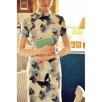 Jasmine Cheongsam spring and summer short-sleeved sleeve short section literary retro daily printing Linen Cheongsam ink ink butterfly