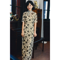 Jasmine cheongsam spring and summer four-point sleeve full full edge long retro daily chiffon cheongsam plain autumn