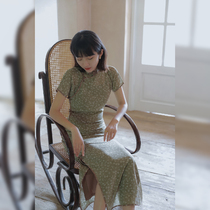 Jasmine cheongsam spring and autumn short sleeve full open long retro daily chiffon cheongsam two-piece Green