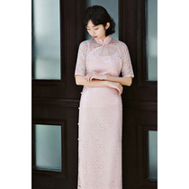 Jasmine cheongsam four-point sleeve without Province full-length lace cheongsam two-piece set of gentle girl-pink