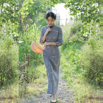 Jasmine September autumn season new nine-split sleeve side zipper long retro daily printed linen cheongsam