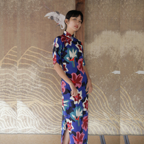 Jasmine cheongsam 5 new four-point sleeve full open long retro Literature and Art Daily chiffon cheongsam