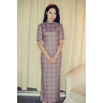 Jasmine cheongsam spring and autumn four-piece sleeve long literary retro daily improvement printed linen cheongsam sandalwood