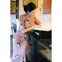 Jasmine cheongsam Spring and summer four-point sleeve half placket long section daily printing cotton-padded cheongsam serenade of the moon