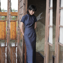 Jasmine cheongsam spring and autumn short sleeves with sleeves side zipper mid-length retro daily plaid linen cheongsam Duanhua