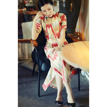 Jasmine cheongsam spring and summer new four-point sleeve full open long retro daily printed linen cheongsam string sound