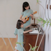 Jasmine cheongsam spring and autumn short sleeve sleeve retro daily plaid chiffon parent-child cheongsam mint candy