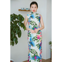 Jasmine cheongsam completely sleeveless half-open long daily printed linen cheongsam 15