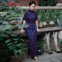 Jasmine cheongsam spring and summer four-point sleeve half-open long retro Literature and Art Daily lace cheongsam first open