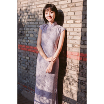 Jasmine cheongsam spring and autumn flat shoulder small sleeve long retro literary elegant daily lace cheongsam Vivian