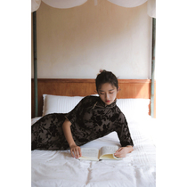 Jasmine cheongsam four-point sleeve full open long retro daily silk velvet cheongsam Junmei (flower buckle)