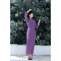 Jasmine cheongsam spring and summer eight cents full open long retro daily printing chiffon cheongsam spin purple