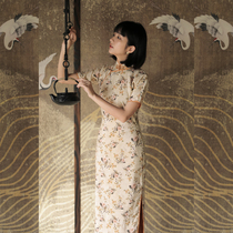 Jasmine qipao Spring and Autumn Three points with sleeves full open placket medium and long retro literature and art daily silk linen qipao flower words