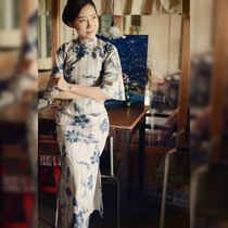 Jasmine cheongsam spring and autumn six-point water sleeve half-open long retro literature and art daily linen cheongsam long Acacia