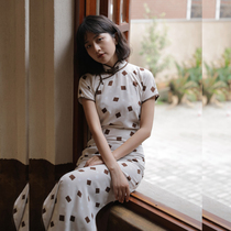 Jasmine cheongsam spring and autumn short sleeve full open long retro daily chiffon cheongsam two-piece set