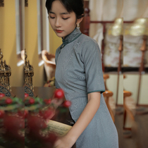 Jasmine cheongsam spring and autumn four points with sleeves full open placket mid-length retro daily mesh lace cheongsam Yunzhou