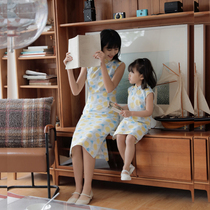 Jasmine cheongsam spring and autumn completely sleeveless retro daily printed cotton cloth parent-child cheongsam sunflower