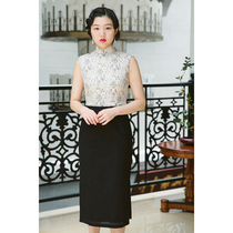Jasmine cheongsam square corner sleeveless half-open placket daily commuter printing linen splicing cheongsam 11