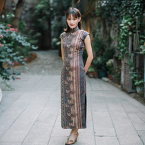 Jasmine cheongsam spring and summer small sleeve half placket long retro literary daily printing Linen Cheongsam Old bridge