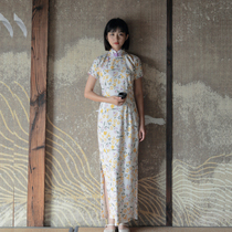 Jasmine August autumn season new short sleeve sleeve side zipper long retro daily printing linen cheongsam autumn actress