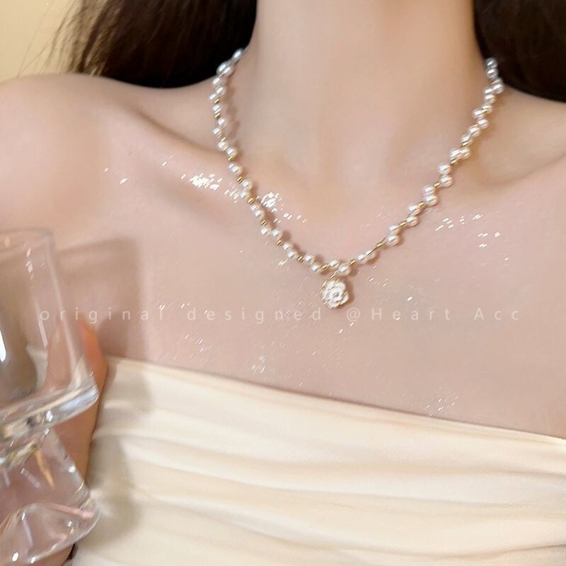 Outlet Brand Discount Clearance Sale Pearl Camellia Necklace Collarbone Chain Sweater Chain Women's Accessories