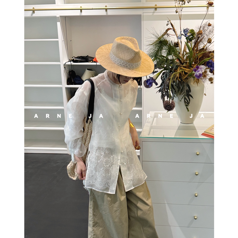「Arne Ja」Round Neck Double-Layer Gauze Lace Lightweight Silk Chiffon Top Shirt Jacket D61Sc3083
