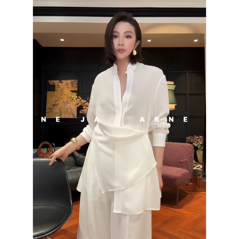 「Arne Ja」Deconstructed Oriental Linen-Like Acetate Diagonal Button Layered Silhouette Top D3S1028S 「Arne Ja」Deconstructed Oriental Linen-Like Acetate Diagonal Button Layered Silhouette Top D3S1028S