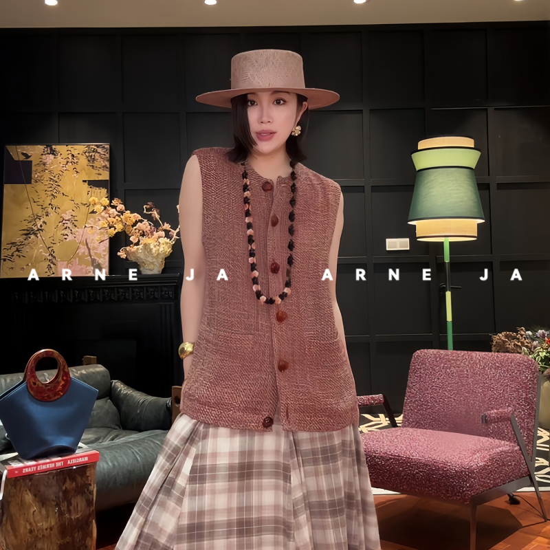 「Arne Ja」Natural Linen Italian Floral Yarn Vest for Women, Woven Retro Sleeveless Top D61Sw3070