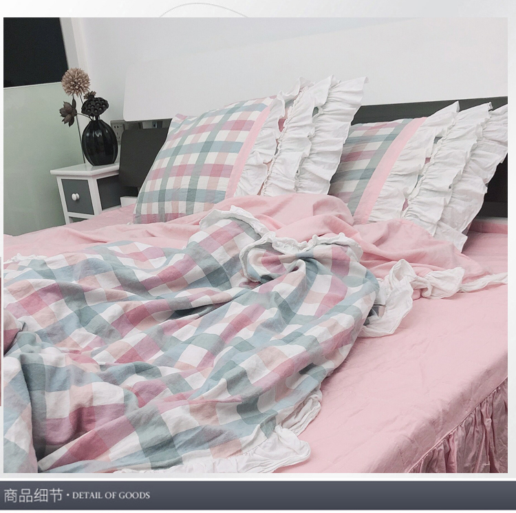 South Korea's new pure cotton four-piece style double lotus leaf side insert handmade pleated white gonsatin bedding