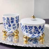 LEGLE French LIGU Blue and white trimmed Chinese Ceramic dessert bowl with lid Small bowl Soup bowl Birds nest cup