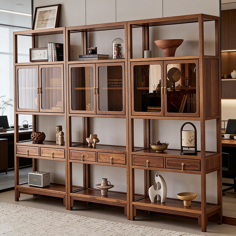 New Chinese-Style Solid Wood Display Shelf, Multi-Purpose Bookshelf, Display Rack for Living Room and Study, Zen-Inspired Minimalist Song-Style Aesthetics