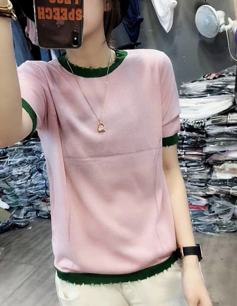 Hàn quốc phiên bản của năm 2018 đầu mùa thu mới lỏng màu mỏng phù hợp với vòng cổ bị hỏng ngắn tay băng lụa áo len của phụ nữ t-shirt áo len đẹp