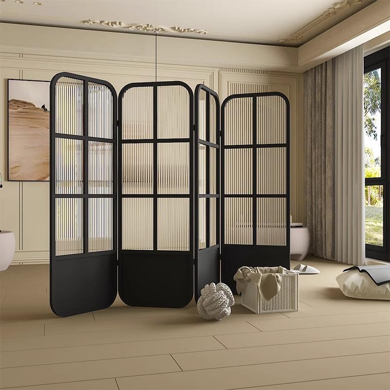 Travel and Homestay Simple Retro Leisure Screen High-End Restaurant Home Partition Creative Iron Art Tempered Glass Folding Screen