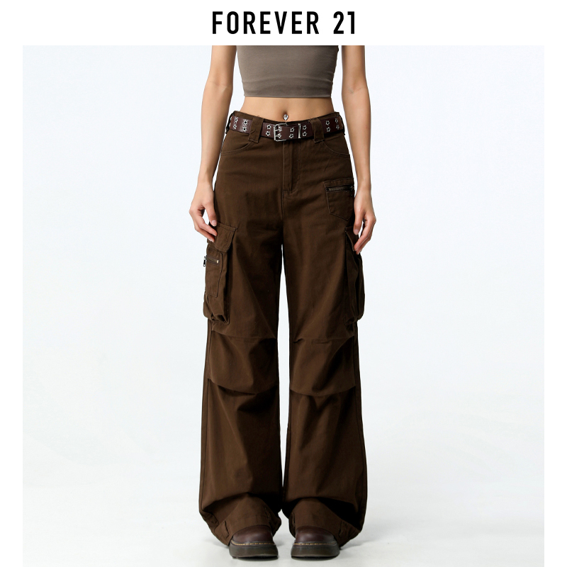 Forever 21 American Style Spicy Girl Brown Straight-Leg Cargo Pants for Women, New Spring High-Waisted Slimming Multi-Pocket Wide-Leg Pants