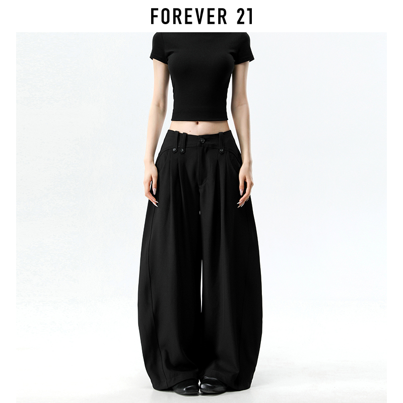 Forever 21 American-Style Black Pleated Suit Pants, Casual Pants for Women, New Autumn Loose Drape Wide-Leg Pants