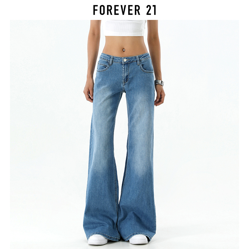 Forever 21 American Retro Blue Low-Waisted Flared Jeans for Women, Summer Thin Slim-Fit Stretch Straight-Leg Bell-Bottom Pants