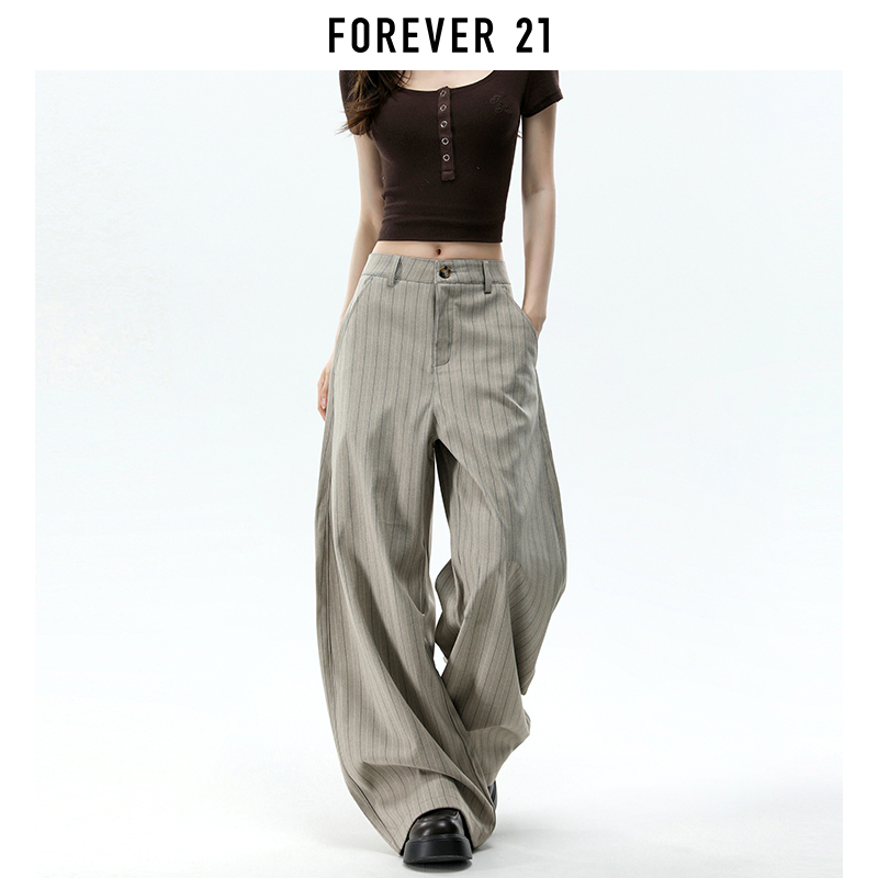 Forever 21 American-Style Khaki Striped Curved Pants for Women, New Summer Loose Relaxed Casual Trousers