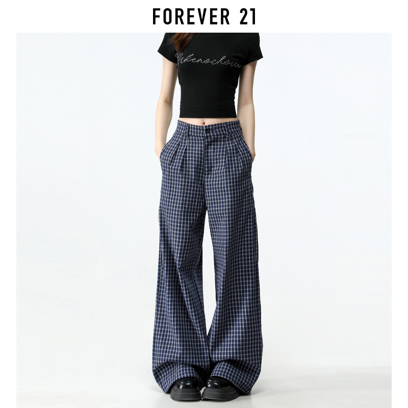 Forever 21 American-Style Blue Plaid Loose Straight Casual Pants for Women, New Spring High-Waisted Slimming Drapey Wide-Leg Pants