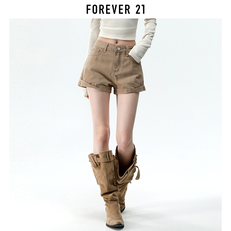 Forever 21 American Retro Khaki Denim Shorts for Women, New Summer Style, Slimming, Rolled Hem, A-Line, Loose Hot Pants Forever 21 American Retro Khaki Denim Shorts for Women, New Summer Style, Slimming, Rolled Hem, A-Line, Loose Hot Pants