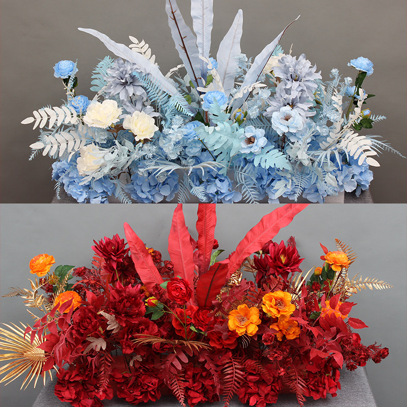 Wedding simulation flower bird's nest leaf flower row Chinese wedding decoration background wall arch stage layout road lead to the ground row of flowers