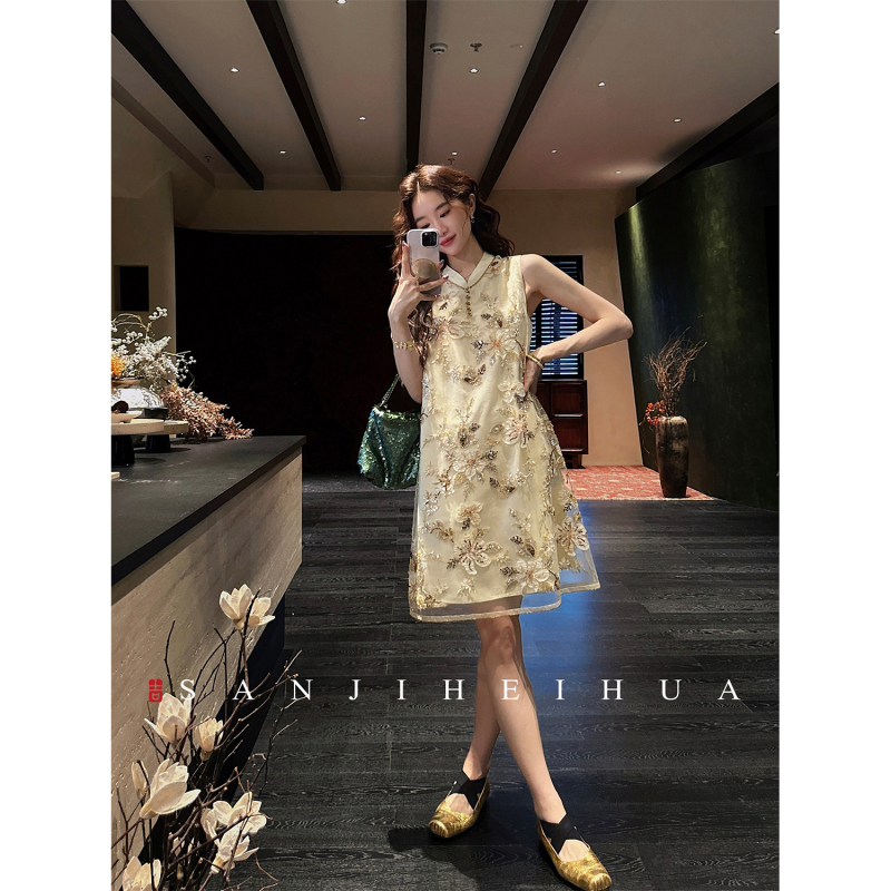 Sanji Heihua [Yingshan Dai] New Chinese-Style Embroidered Beaded Mesh Dress for Women, Summer, High-Quality, Very Beautiful Tank Dress