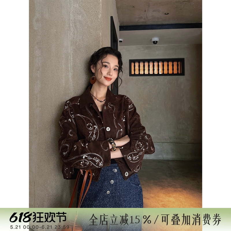 Sanji Black Flower [Dream Reverie] Women's 2025 New Autumn Suede Paisley Embroidery Beautiful Short Jacket Coat